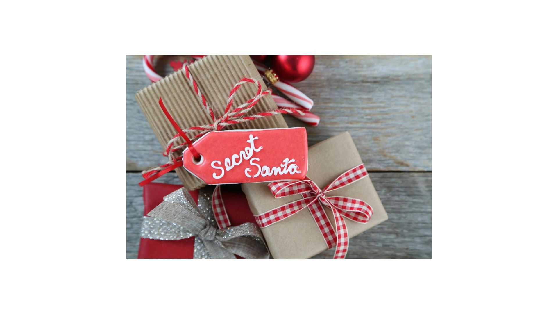 secret Santa gifts tied with a red and white cloth