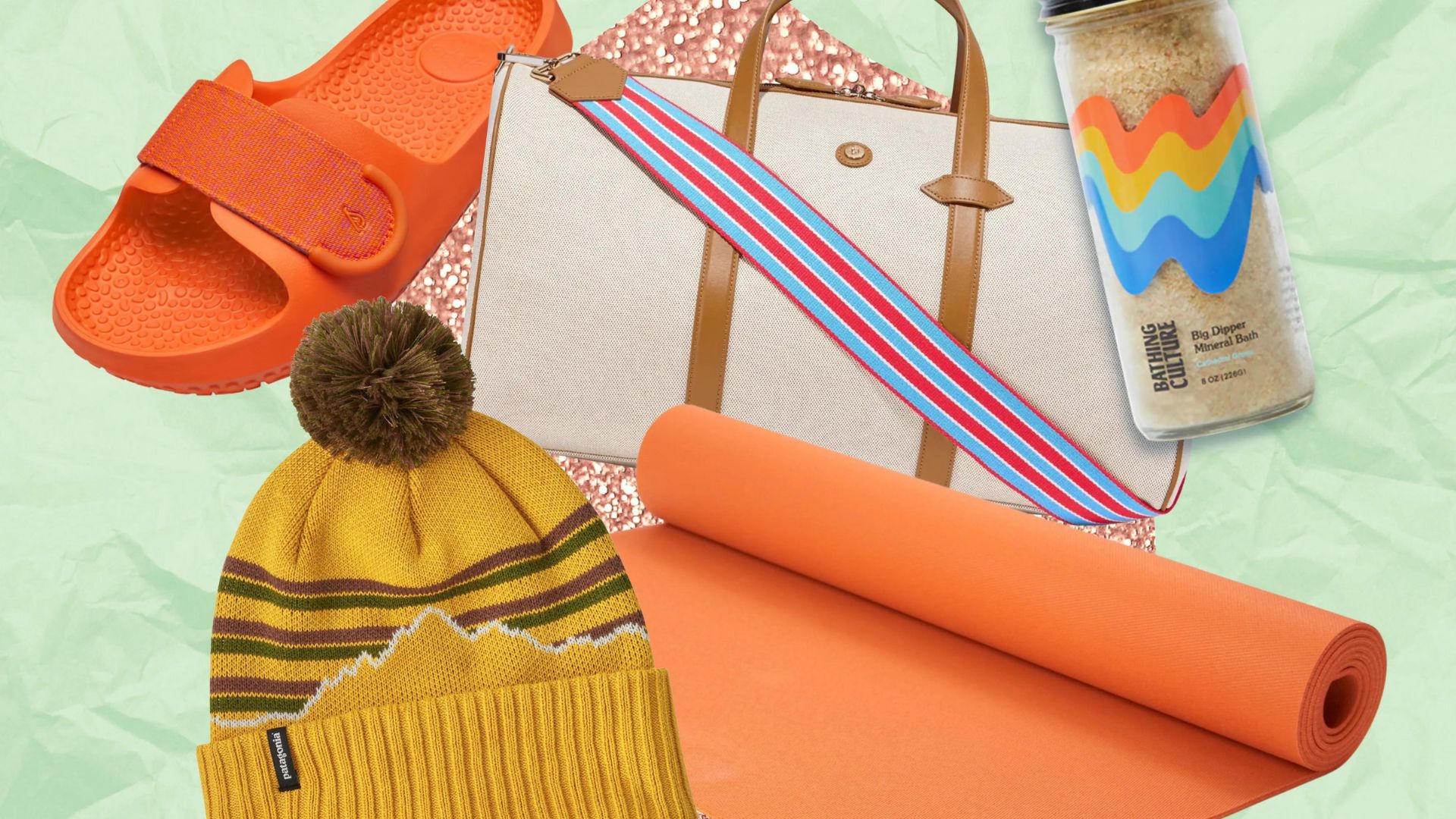 a yellow wool hat, an orange shoe, and an orange present wrapping paper